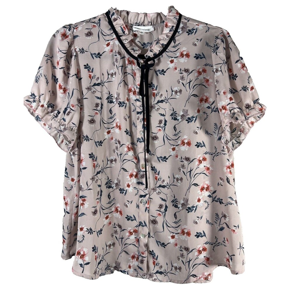 Floral Women's Pink Floral Blouse Top with Black Secretary Tie at Neck Size XL